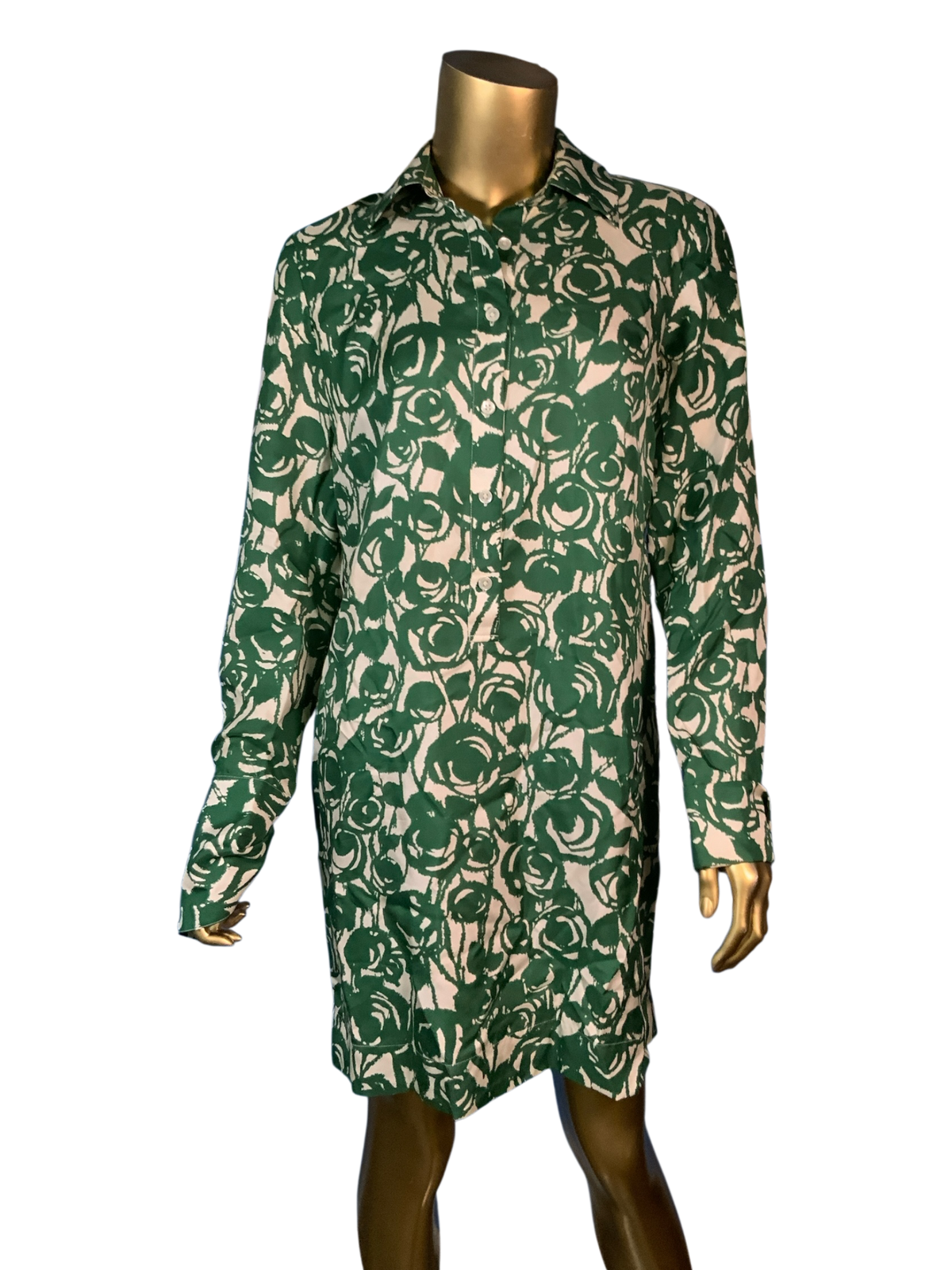 Banana Republic Green & White Abstract Floral Button-Up Shirt Dress