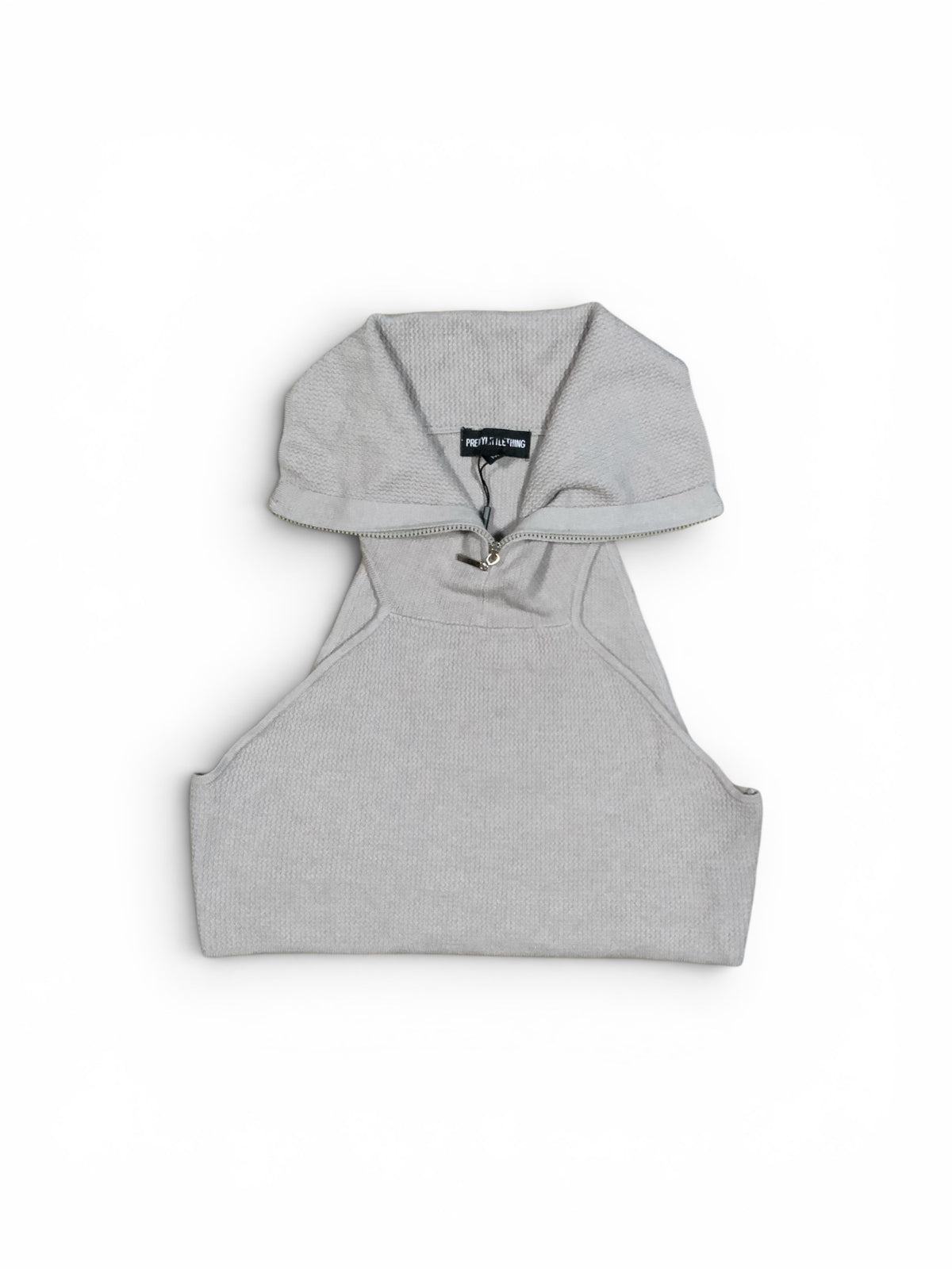 PrettyLittleThing Grey Ribbed Knit Zip-Up Halter Top