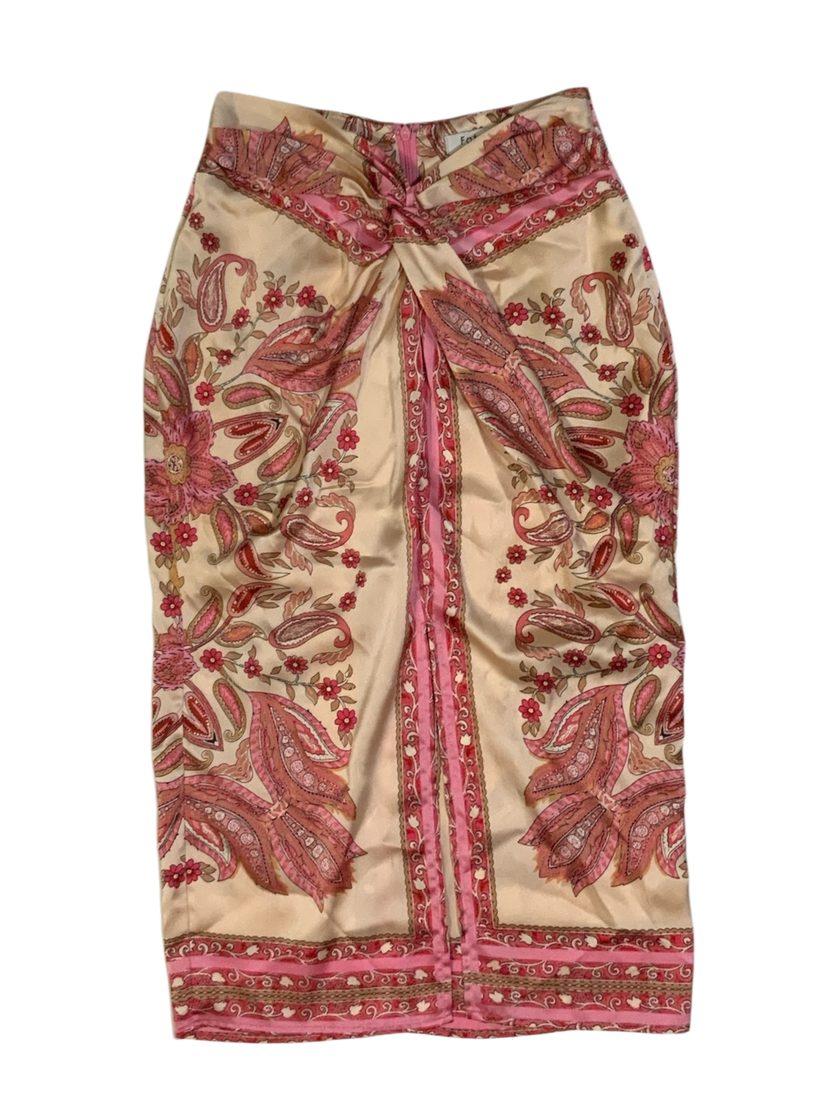 Fate Paisley Print Satin Midi Skirt with Front Knot Detail