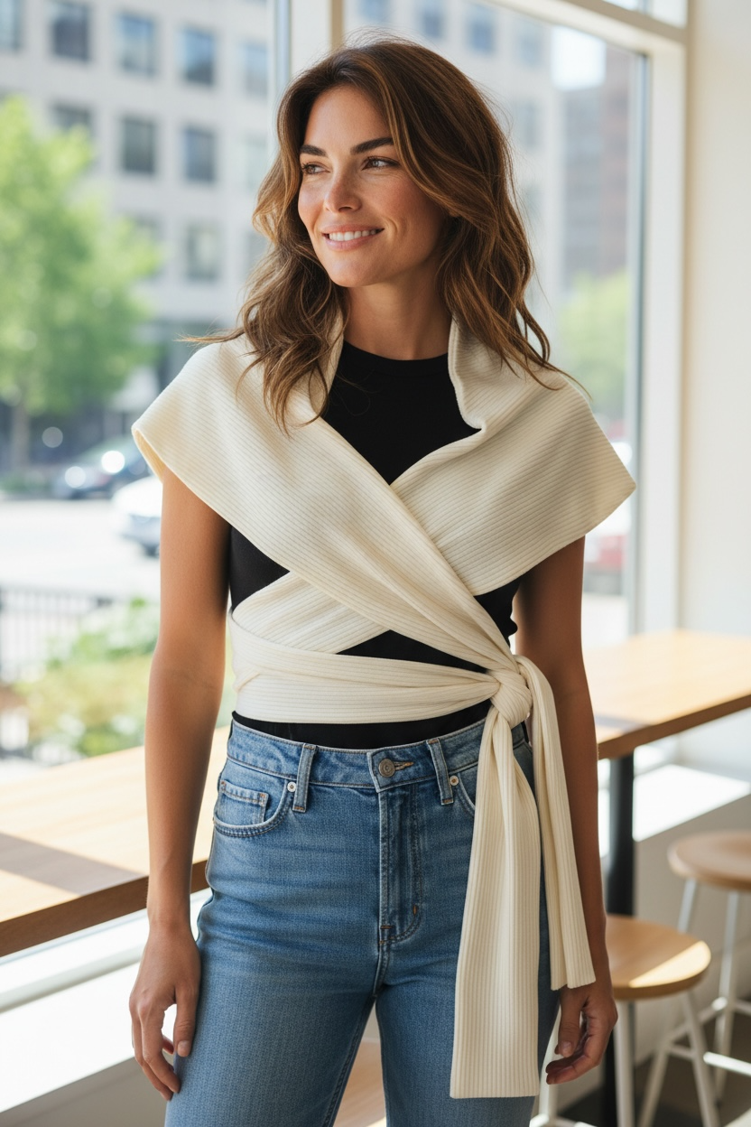 White Ribbed Wrap Top