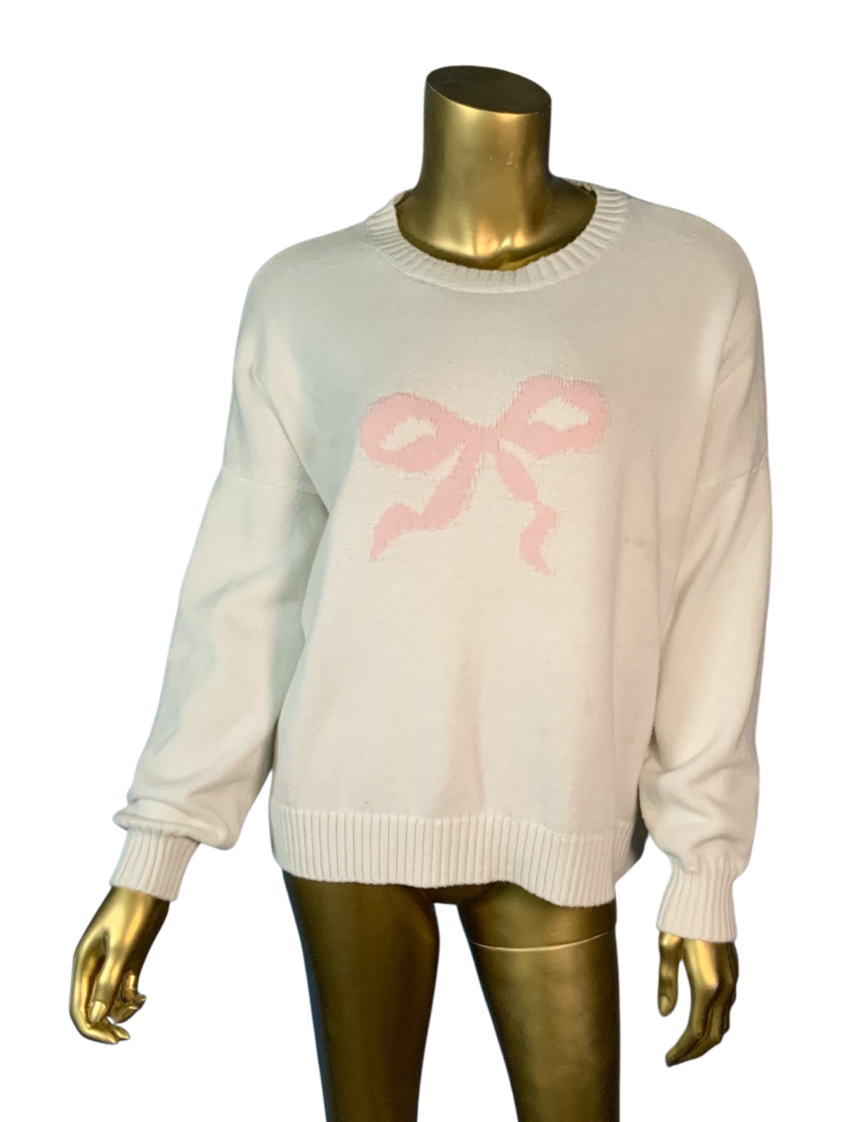 Hollister White Crewneck Knit Sweater with Pink Bow Graphic