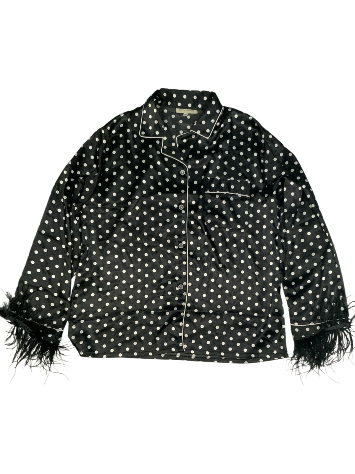 Tony & Candice Polka Dot Satin Pajama Top with Feather Trim Cuffs Size L