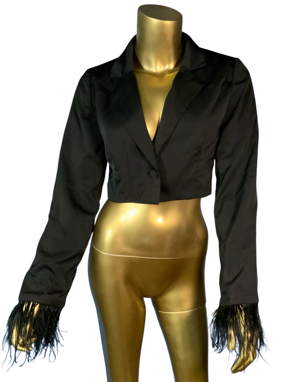 Cotton Candy LA Black Cropped Blazer with Feather Cuffs
