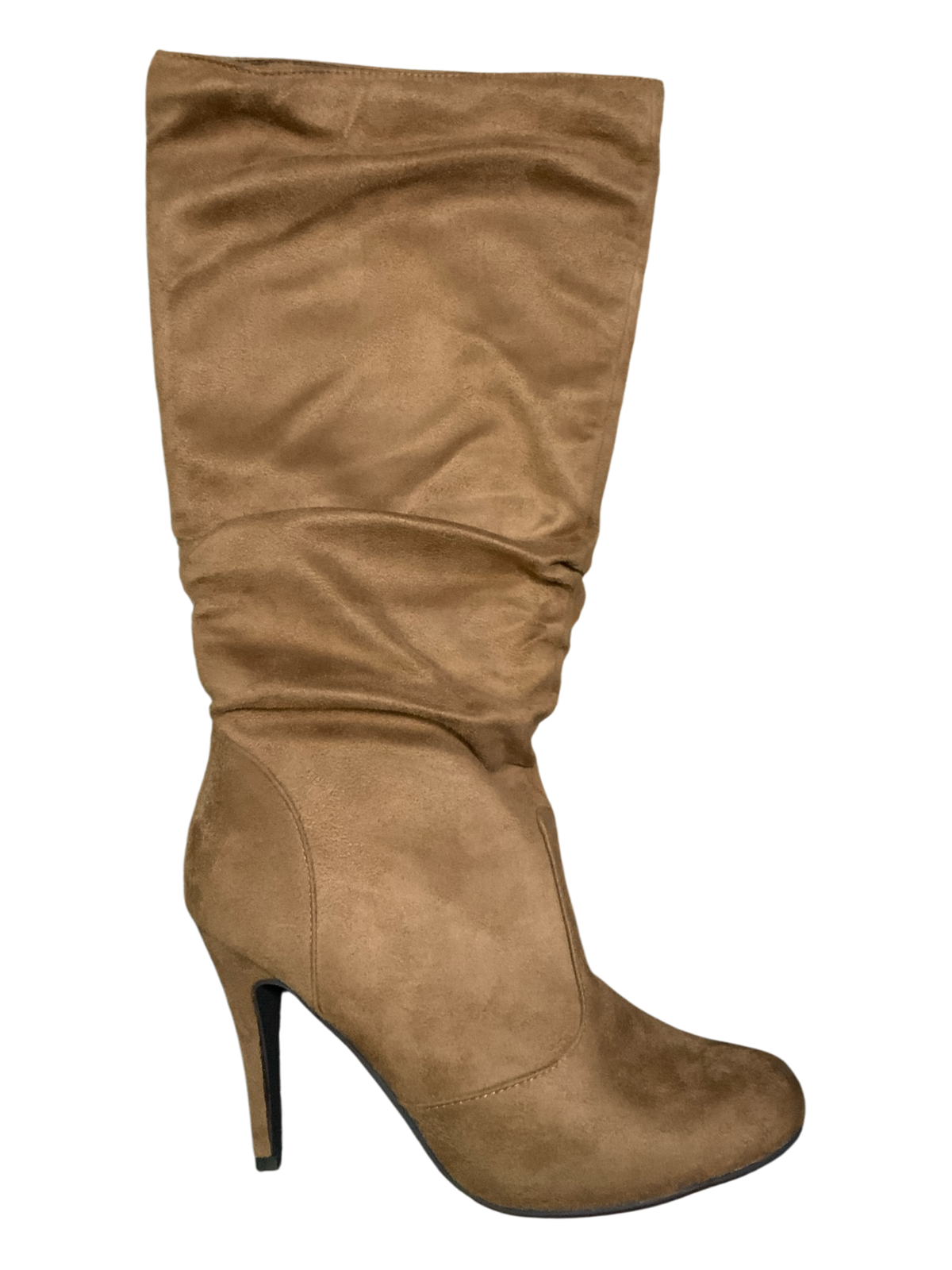 ShoeDazzle Tan Faux Suede Slouchy Stiletto Knee High Boots