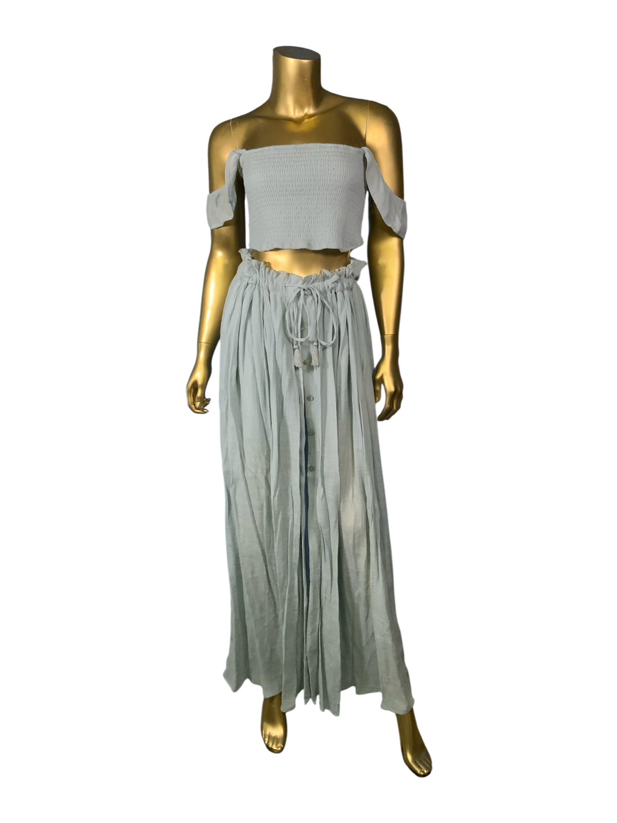 H.Y.F.V.E Baby Blue Textured Set Off Shoulder Top & Adjustable Skirt