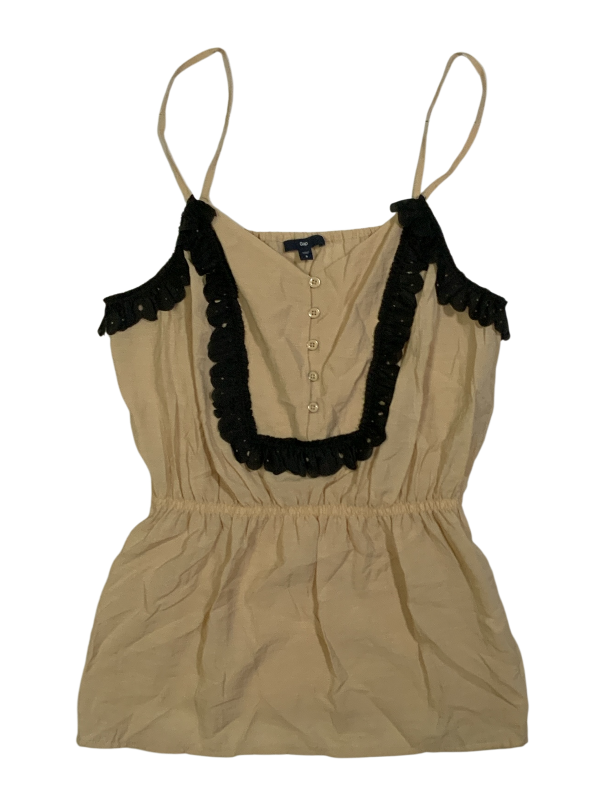 Gap Beige Cami Tank Top With Black Ric-Rac Lace Trin and Button Detail