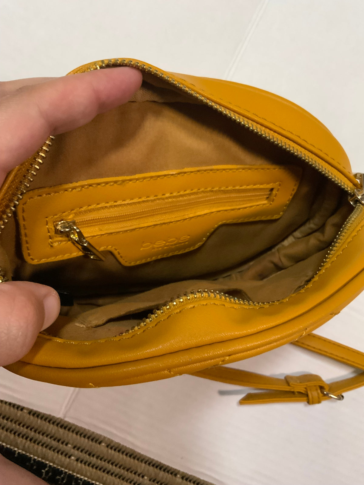 Bebe Los Angeles Mustard Chevron Quilted Oval Crossbody Bag