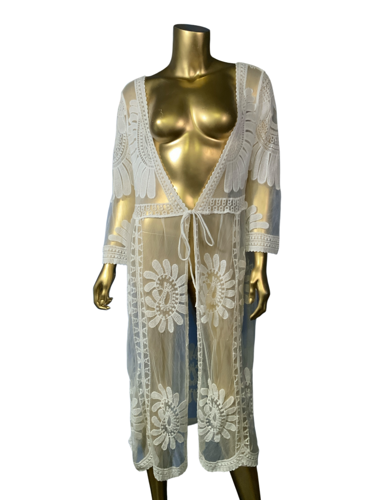 Dizzire White Lace Floral Embroidered Sheer Kimono Cover Up Size L
