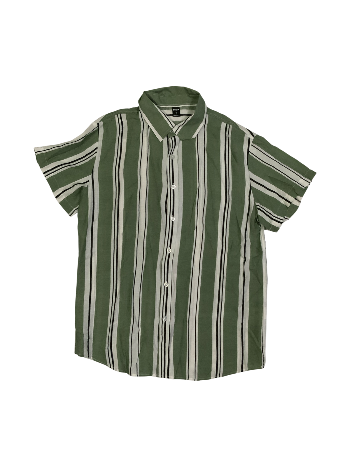 SHEIN Men's Green and White Vertical Striped Short Sleeve Button Up Shirt